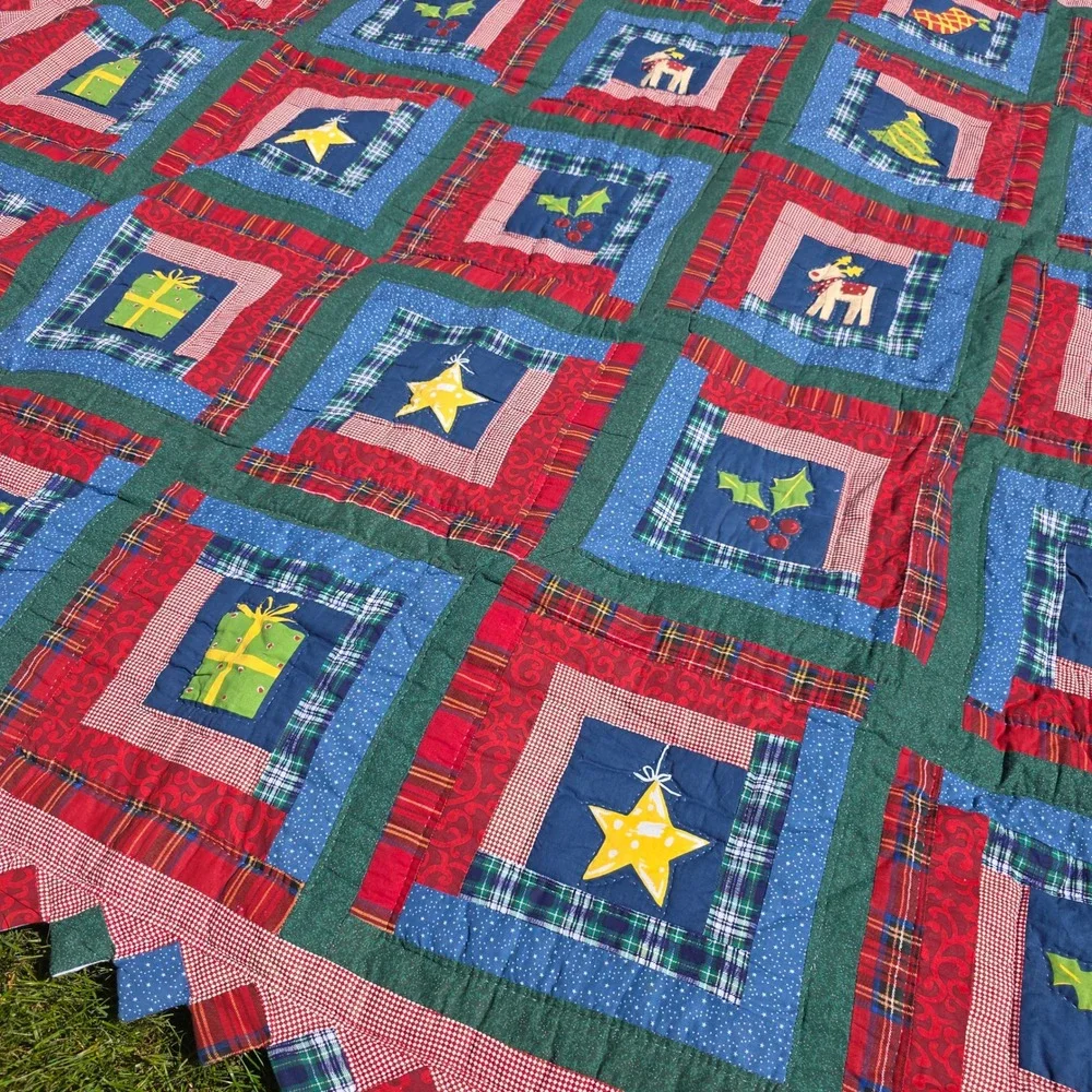 Handmade Christmas Patchwork‎ Quilt Log Cabin Reindeer Star Sawtooth Edge 84x84